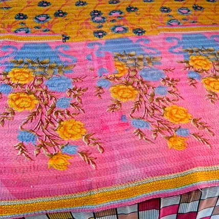 VALLEY OF FLOWERS- Reversible Floral Pattern Hand Stitched Thick Kantha Quilt -[6 Layers]