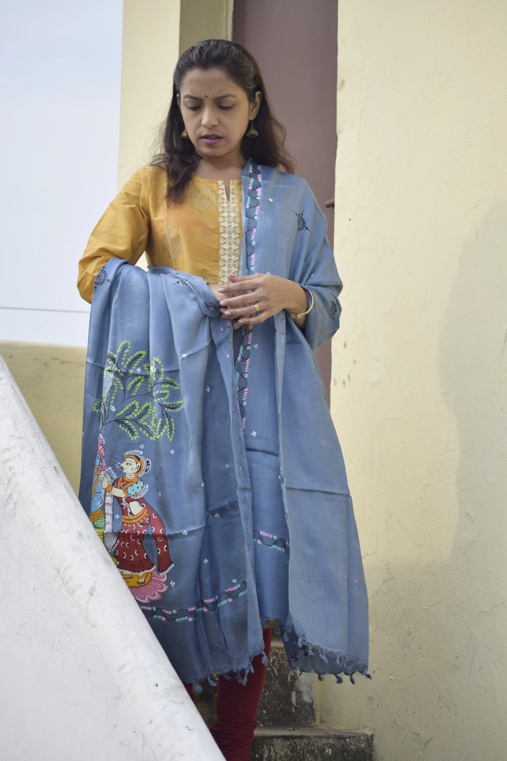 Vrindavan Leela- Sky Blue Premium Banana Silk Dupatta --Sustainably Fashionable.
