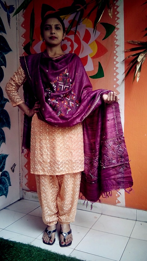 Maze Purple - Bengal Nakshi Kantha Embroidered Tussar Gicha Silk Handloom Duppatta.