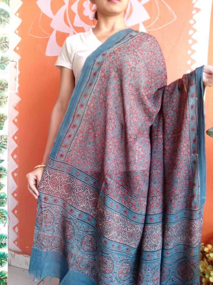 Shairaa- Indigo Blue Ajrakh-printed Premium HandWoven Muslin Cotton Dupatta --Sustainably Fashion.