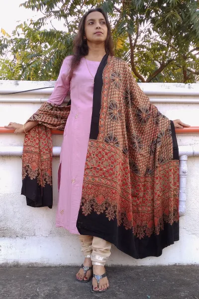 Shaukeen - Rust Red & Black Ajrakh-printed Premium Modal Silk Dupatta --Sustainably Fashionable.