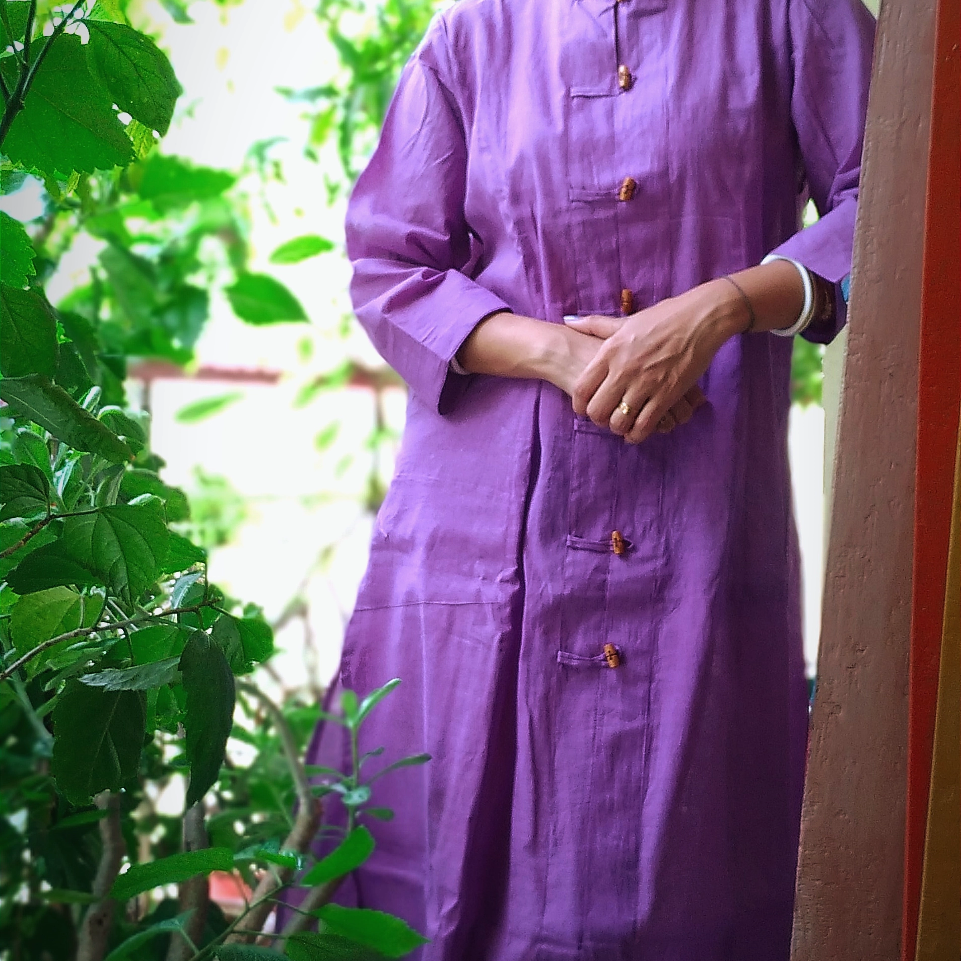 MANDARIN VIBES  ~ mandarin Collar Front Button Down Three Quarter Sleeves flared bottom ankle Length Maxi Dress with pockets.