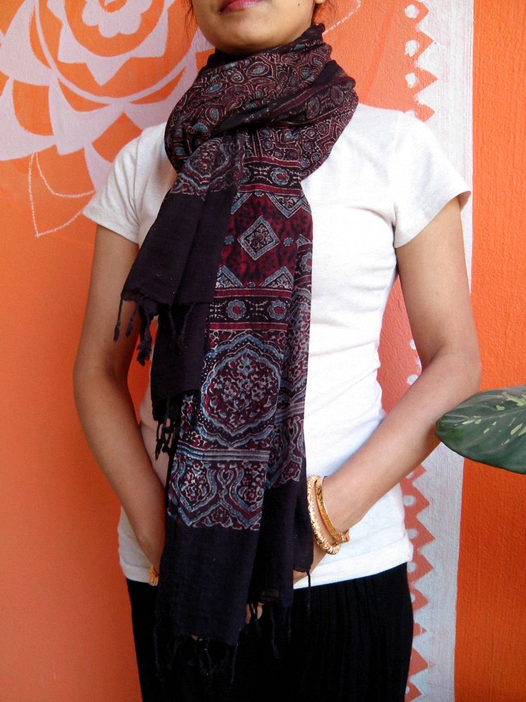 Kasafal- Rust Brown & Black Ajrakh-printed Premium HandWoven Muslin Cotton Dupatta --Elegantly Sustainable.