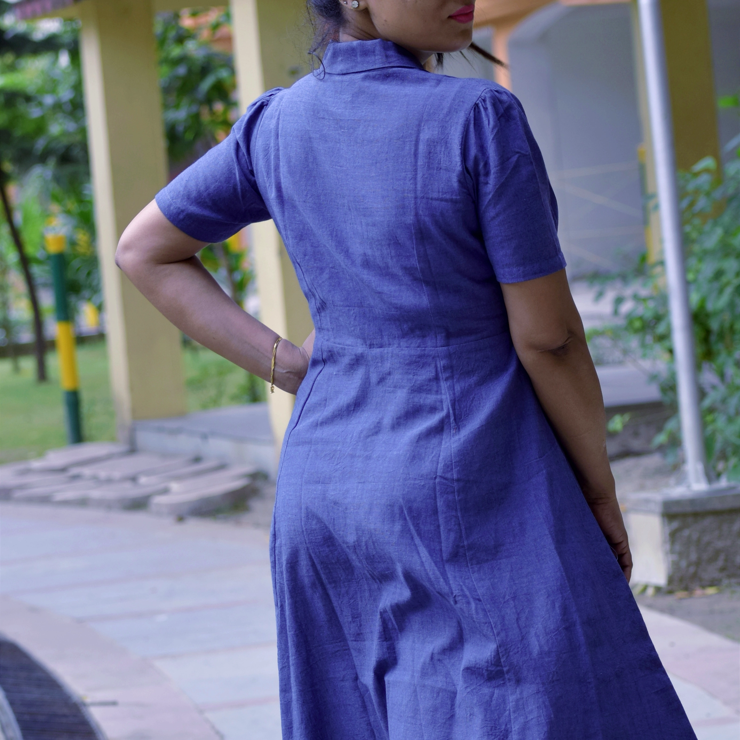 BLUE NILE - Pleated V Neck, Short Puff Sleeved High Waisted, Midi A Line Swing Dresses.