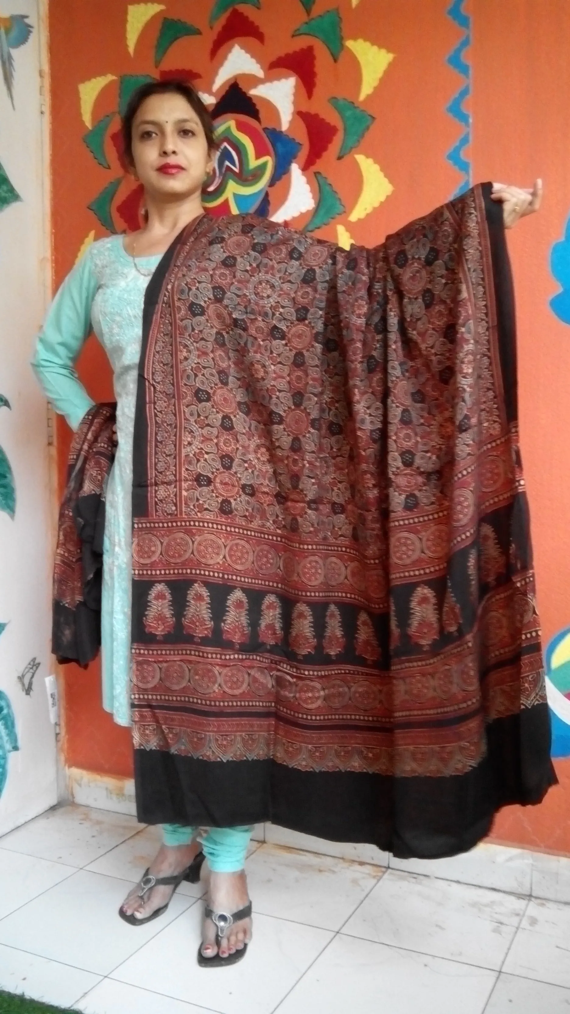 Nazuk- Rust Brown & Black Ajrakh-printed Premium Modal Silk Dupatta --Sustainably Fashionable.