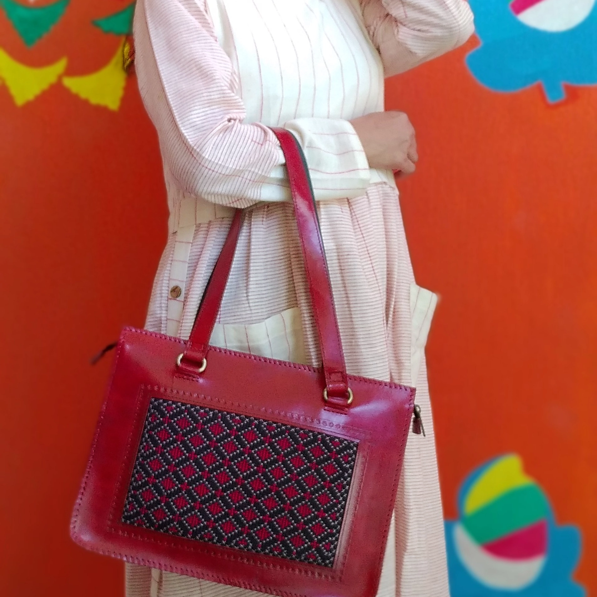 SOLILOQUY -Marshmallow White and Fuze Red Pinstrip - Round-Neck ,Long Sleeved,side buttoned Fit & Flare Dress