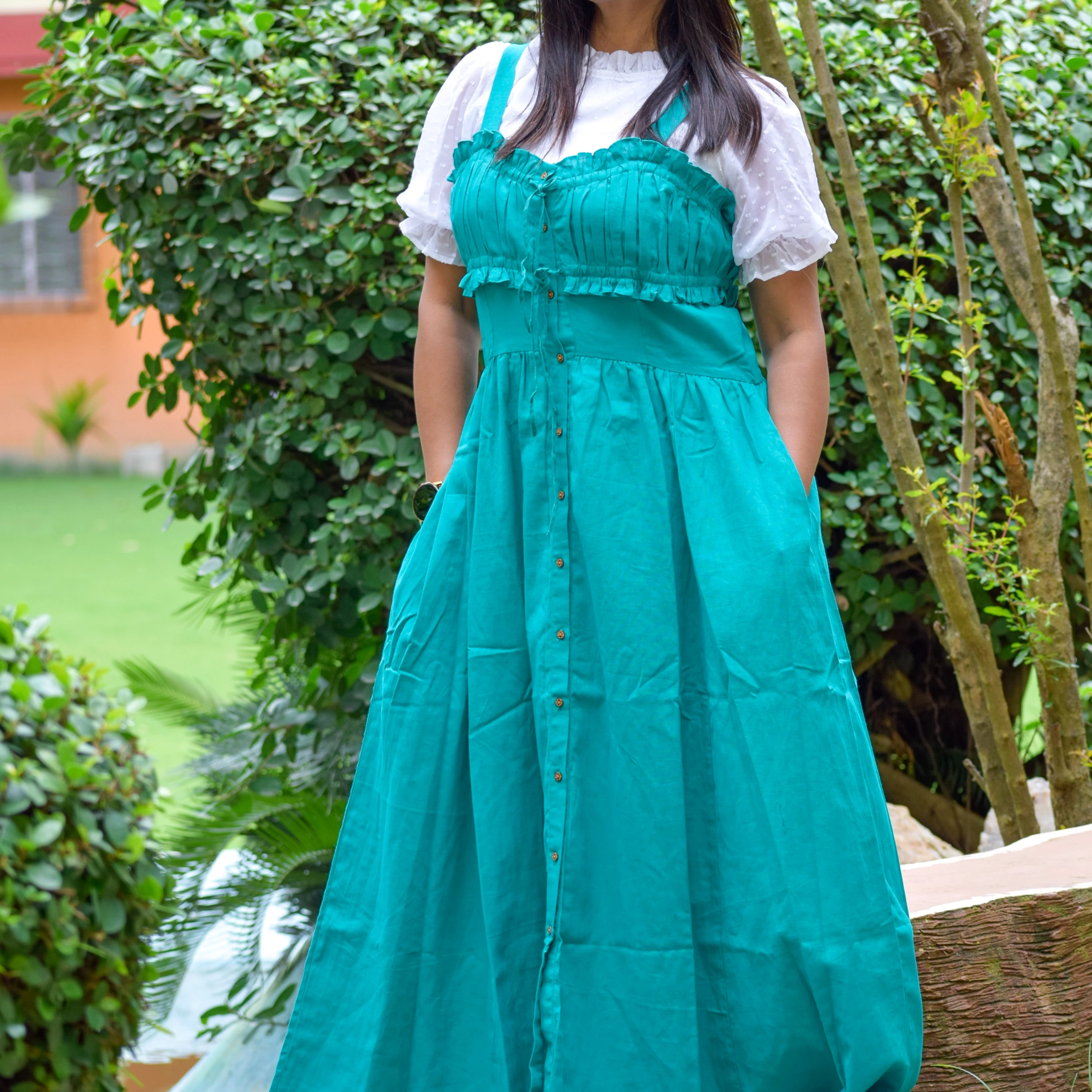 INAMORATA’S TALE ll ~ Front Lace & Buttoned Suspender Maxi Dress in handwoven Cotton / Summer Dress / Party Wear.