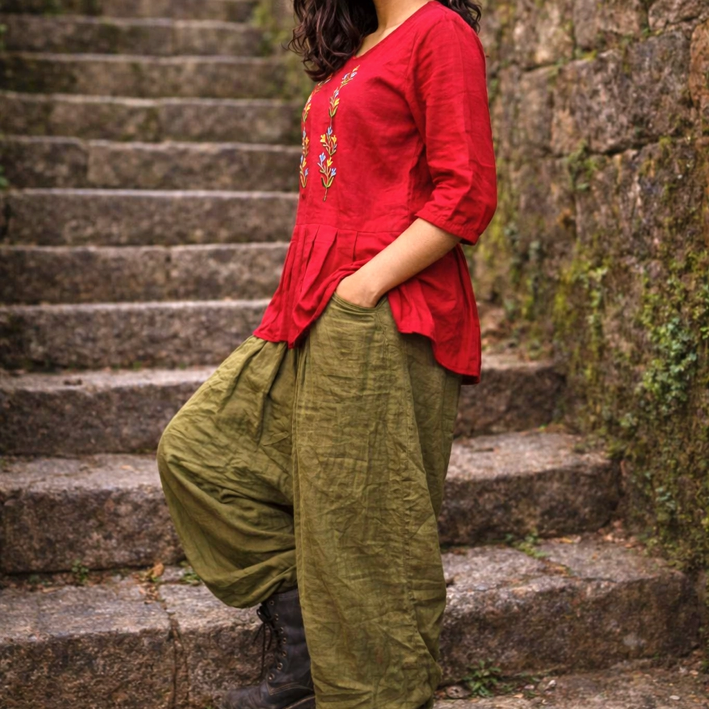 SUNNY BLISS - Peplum Hem Fitted pleated V Neck Sleeveless Top in Haze Red.