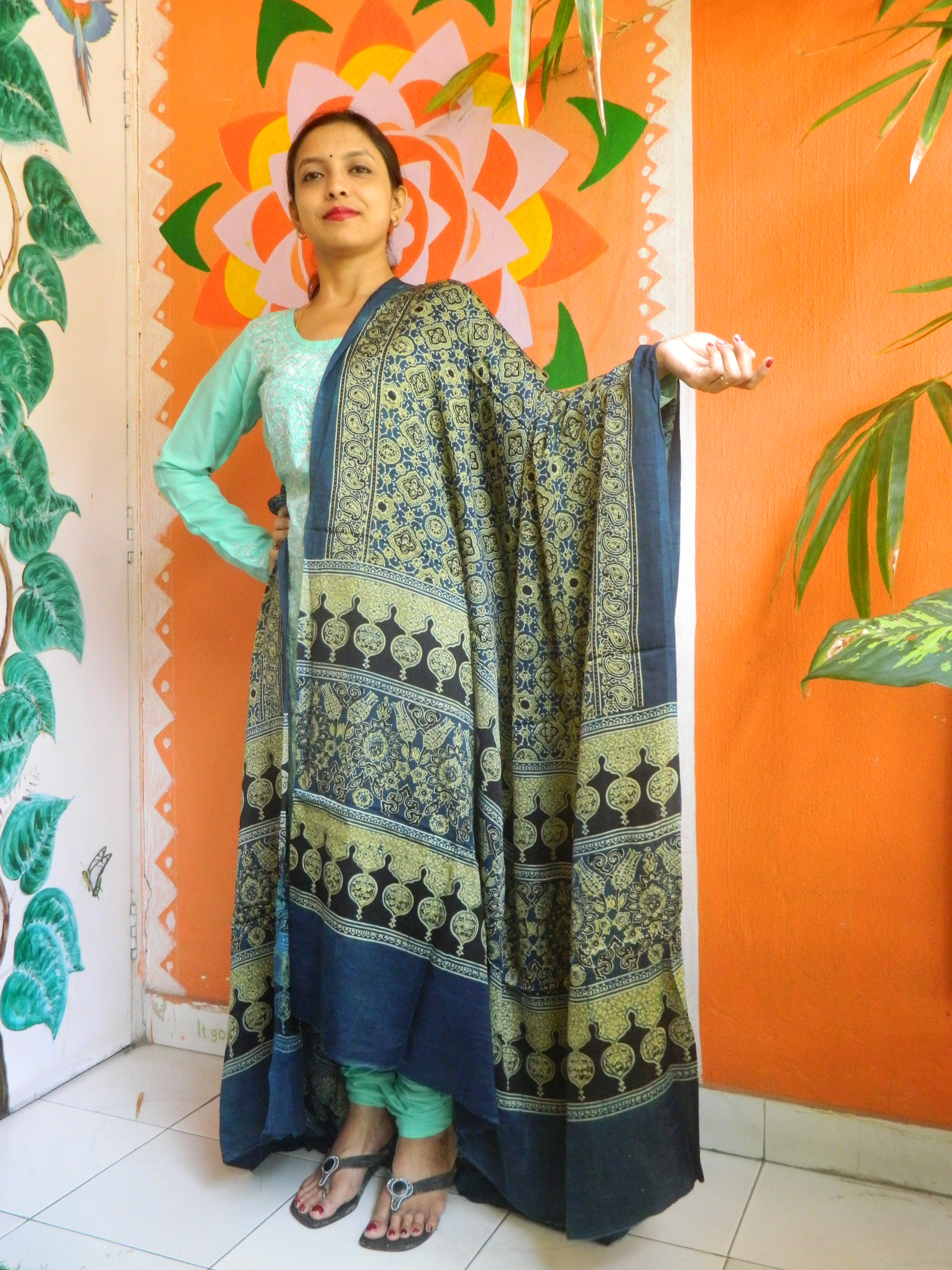 Rozaana - Indigo Blue & olive Yellow Ajrakh-printed Premium Modal Silk Dupatta --Traditionally Chic