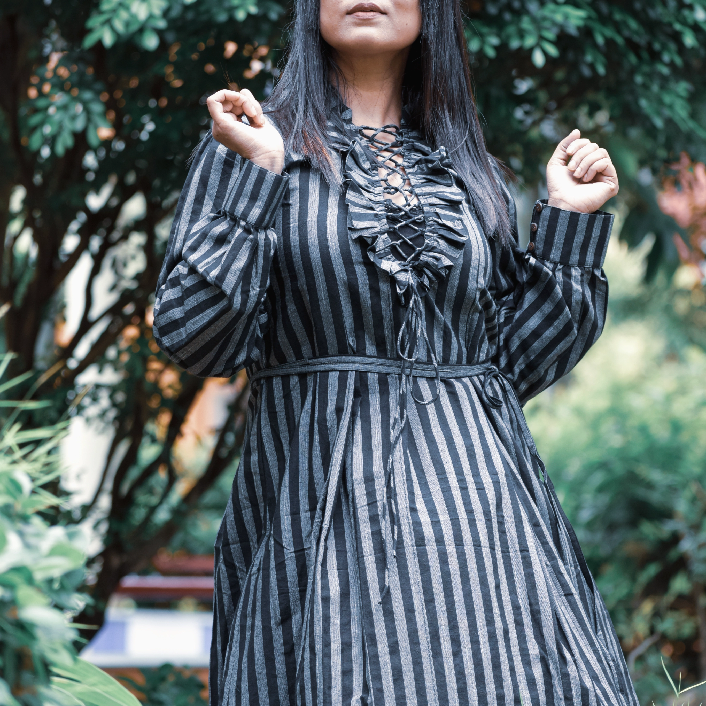 WANDERER'S SOUL ll ~ Solid Front Ruffle Trim Drawstring Lace Up V-Neck Full Sleeve Victorian Styled Dress.