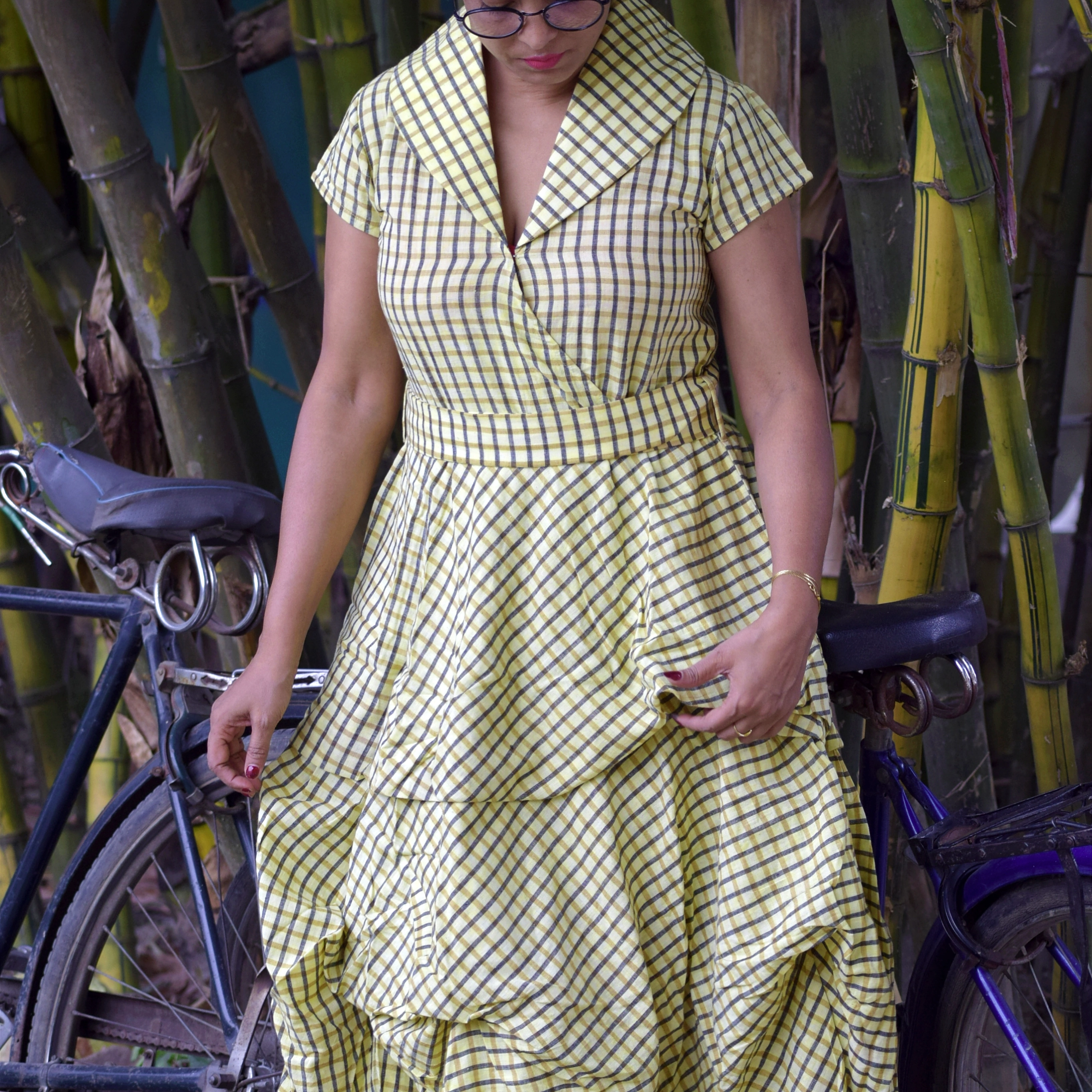 OYSTER BAY - Handcrafted Flattering wrapped and ruched Tartan Dress with V Neck & Short Sleeves.