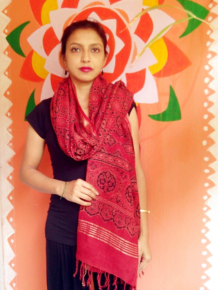 Nazakaat-Garnet Red Ajrakh-printed Linen Dupatta With Zari Border --Spice Up asthetically