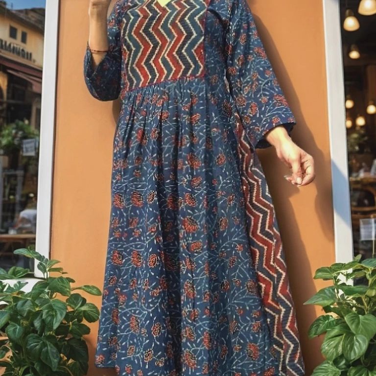 NAZRET -Smart fit, Ajrakh Hand block printed cotton Flared Kurta with round V neck and palazzo set.