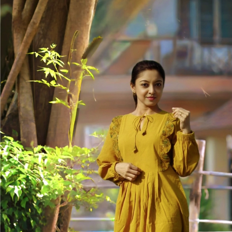 MYKONOS -Smart fit,lantern Sleeves Chrome Yellow Cotton Ajrakh Printed Dress with round Stringed Neck, perfect for a beautiful vacation.