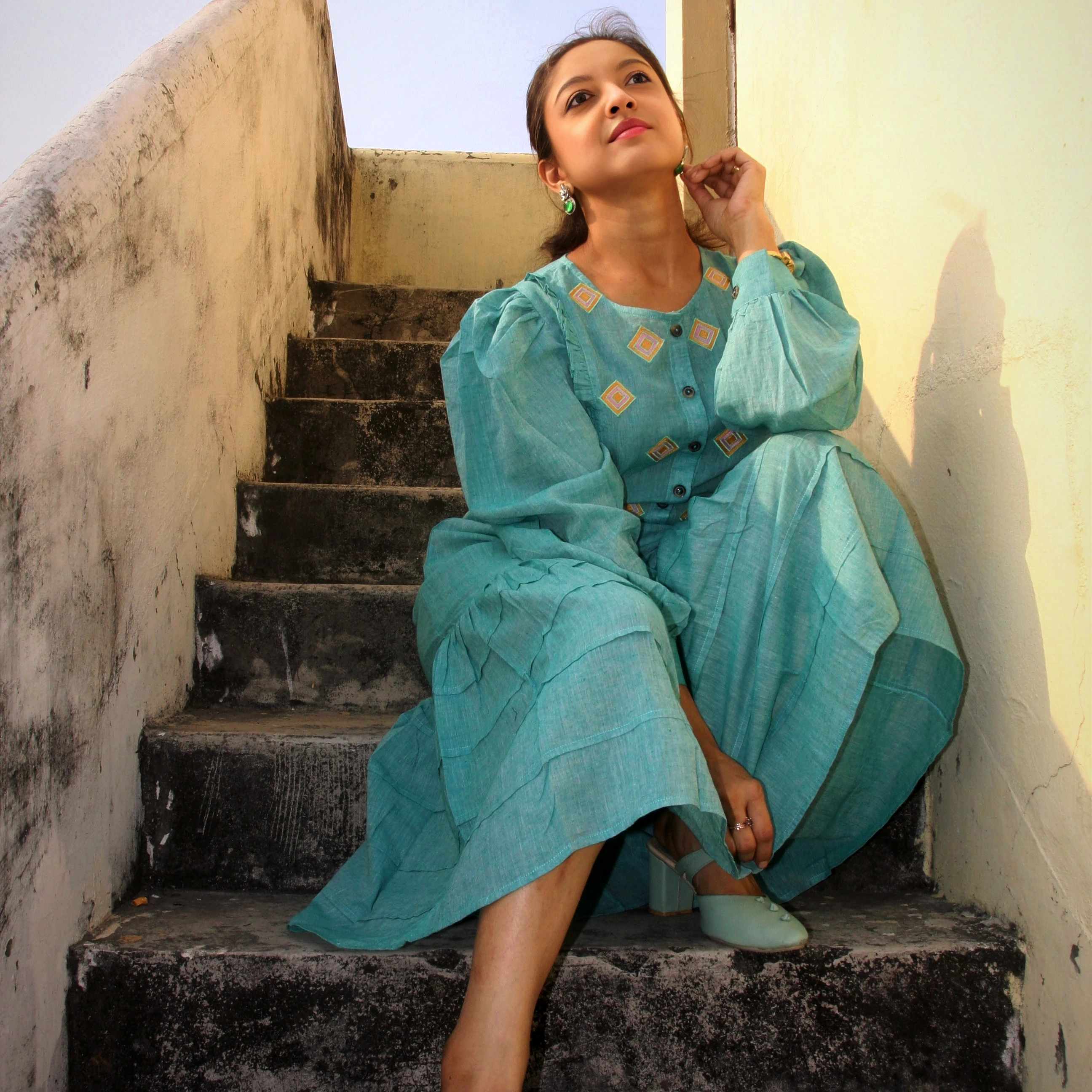 COASTLINE - Emerald Green Round Neck Embroidered Full Sleeved Tiered A-Line Dress.