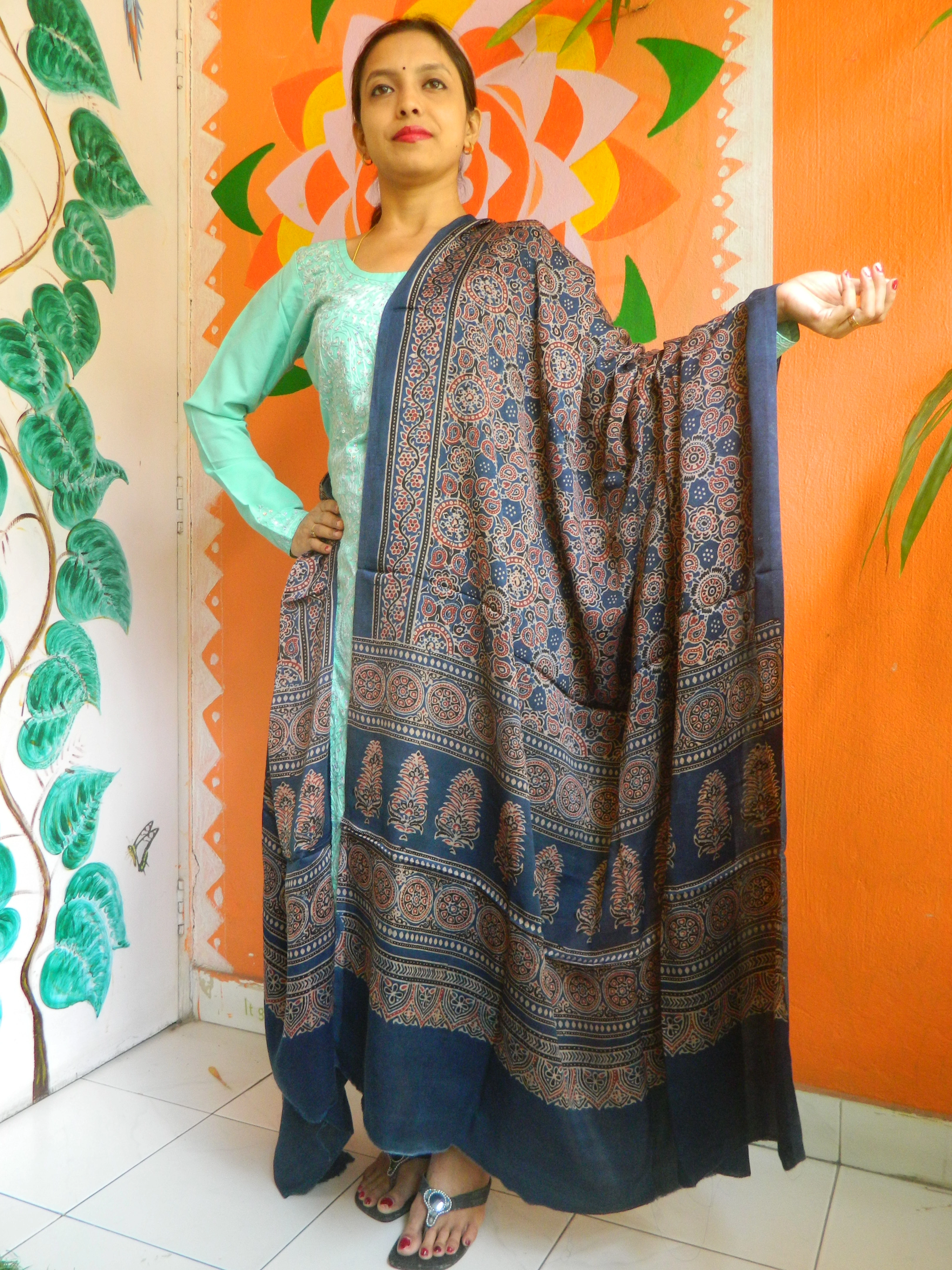Resham - Indigo Blue Ajrakh-printed Premium Modal Silk Dupatta --Sustainably Fashionable.