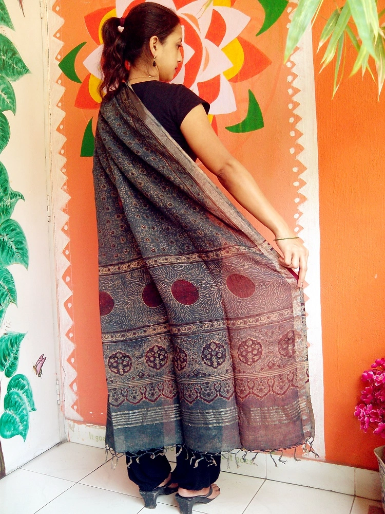 Nilakshi -Indigo Blue Ajrakh-printed Linen Dupatta With Zari Border --Your Style Signature 