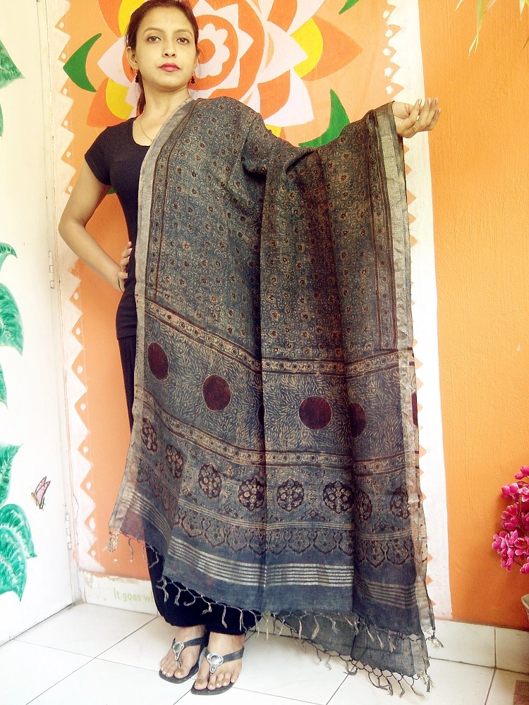 Nilakshi -Indigo Blue Ajrakh-printed Linen Dupatta With Zari Border --Your Style Signature 
