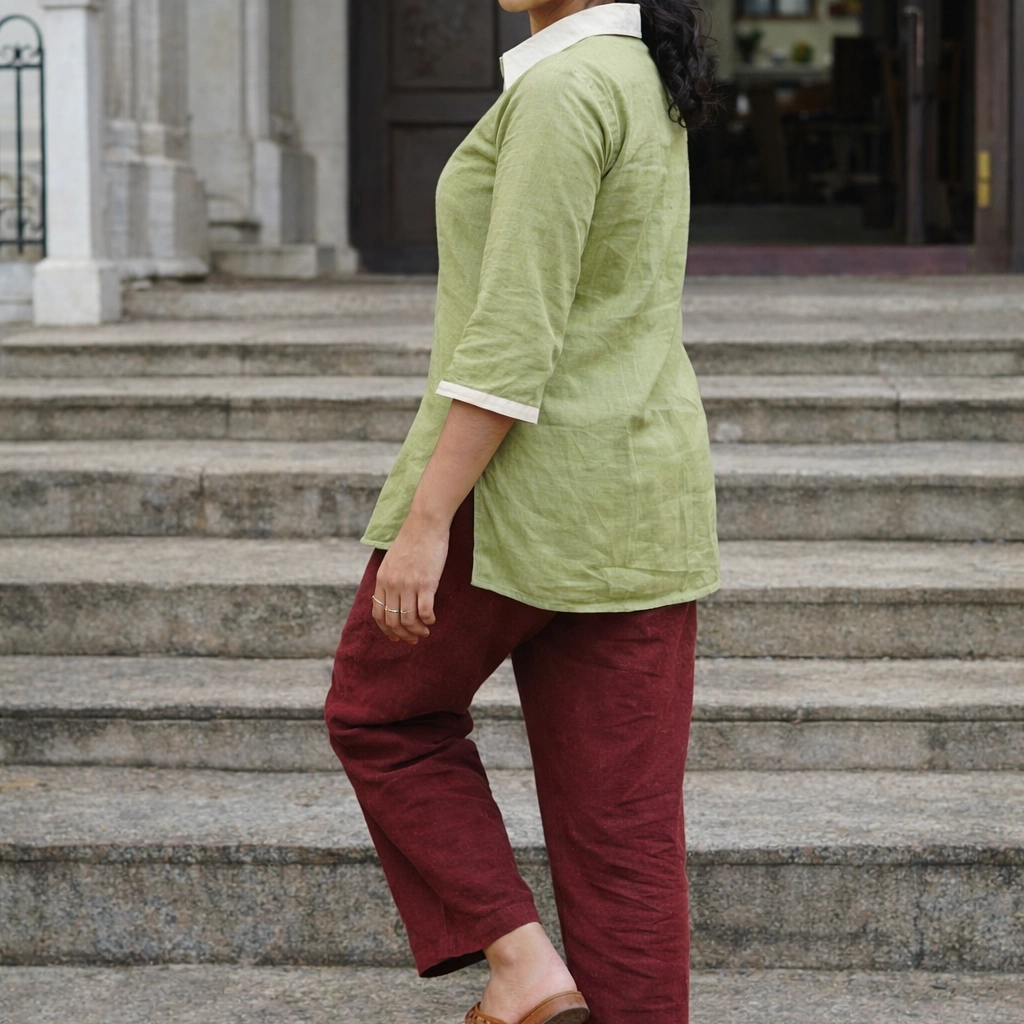 GREEN MILES - Side Frilled,Sleeves pleated Shallow Neck Top in Mint Green.