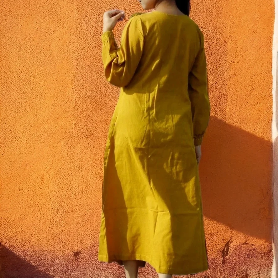 MYKONOS -Smart fit,lantern Sleeves Chrome Yellow Dress with round Stringed Neck.