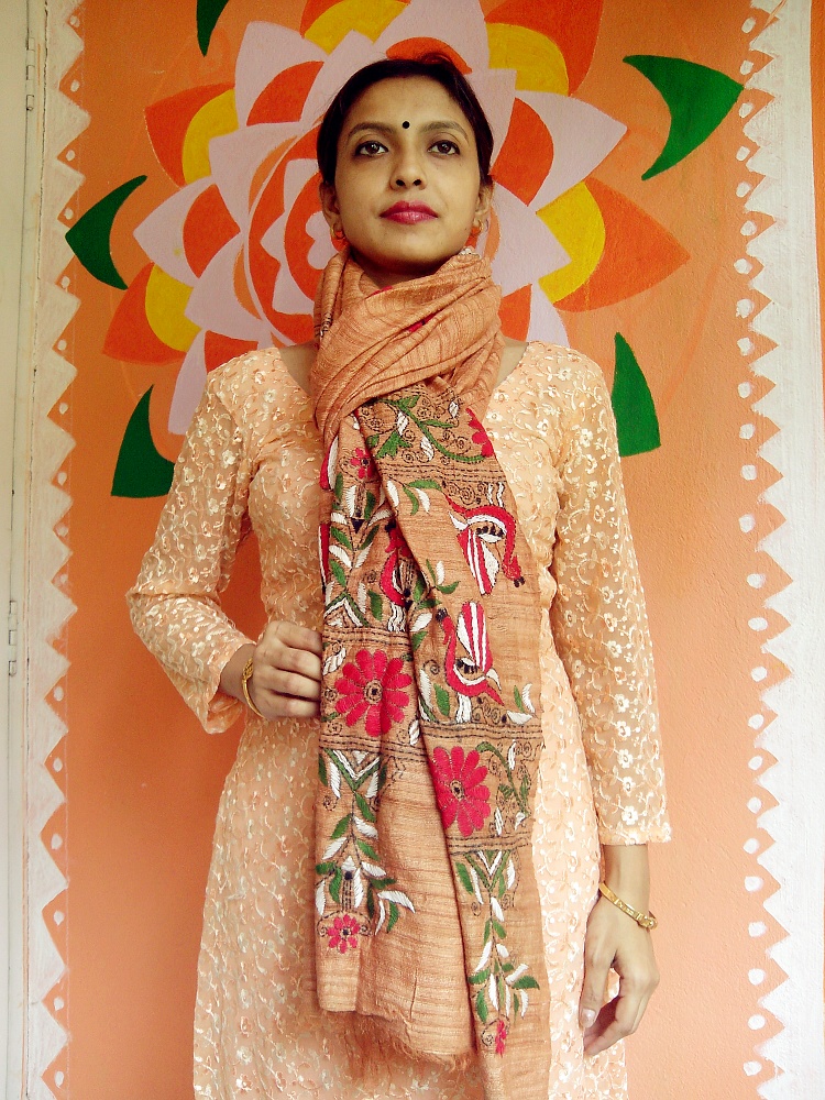 Prune Peach - Bengal Nakshi Kantha Embroidered Tussar Gicha Silk Handloom Duppatta.
