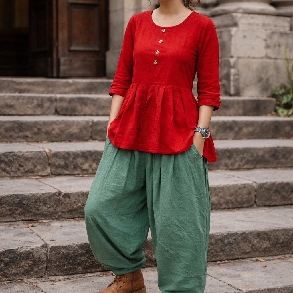 SUNNY BLISS - Peplum Hem Fitted pleated V Neck Sleeveless Top in Haze Red.