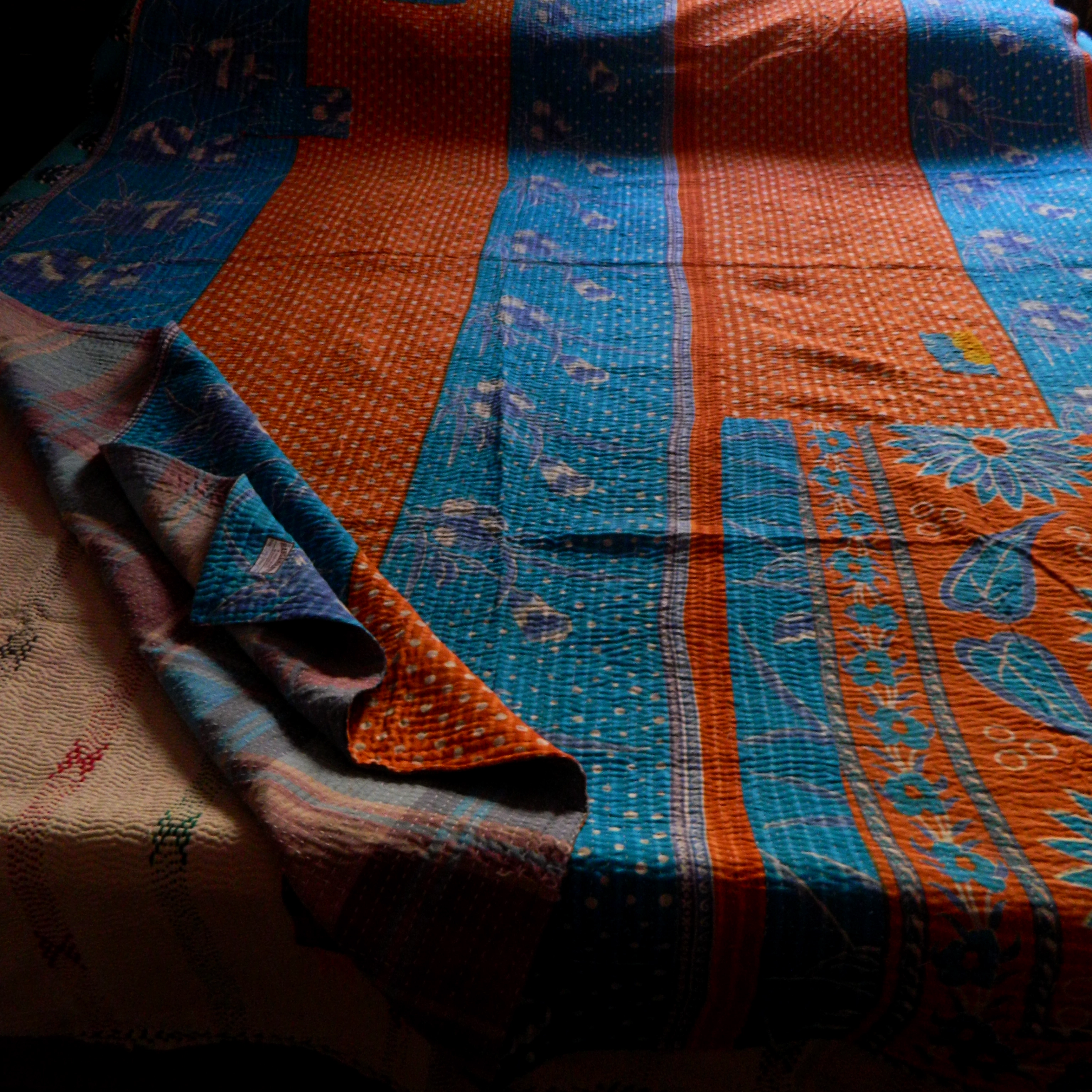 STITCHED LOVE  - Double sided Floral Pattern Hand Stitch Kantha Quilt -[4 layers]