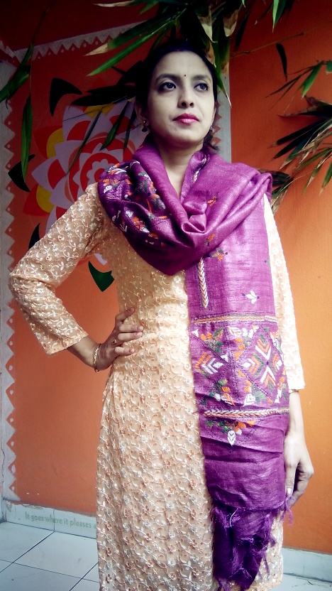 Maze Purple - Bengal Nakshi Kantha Embroidered Tussar Gicha Silk Handloom Duppatta.