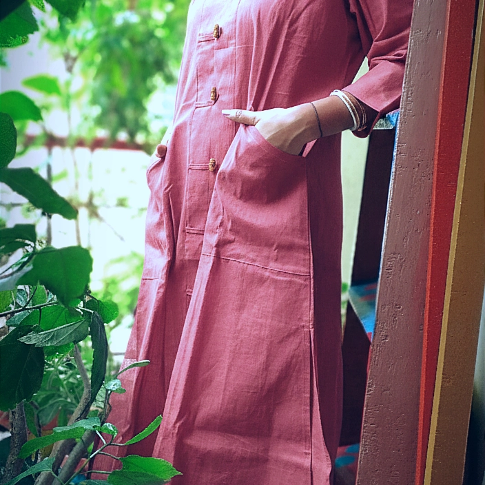 KAIZEN ll ~ Round Mandarin Collar Front Button Down Three Quarter Sleeves flared bottom ankle Length Maxi Dress with pockets.