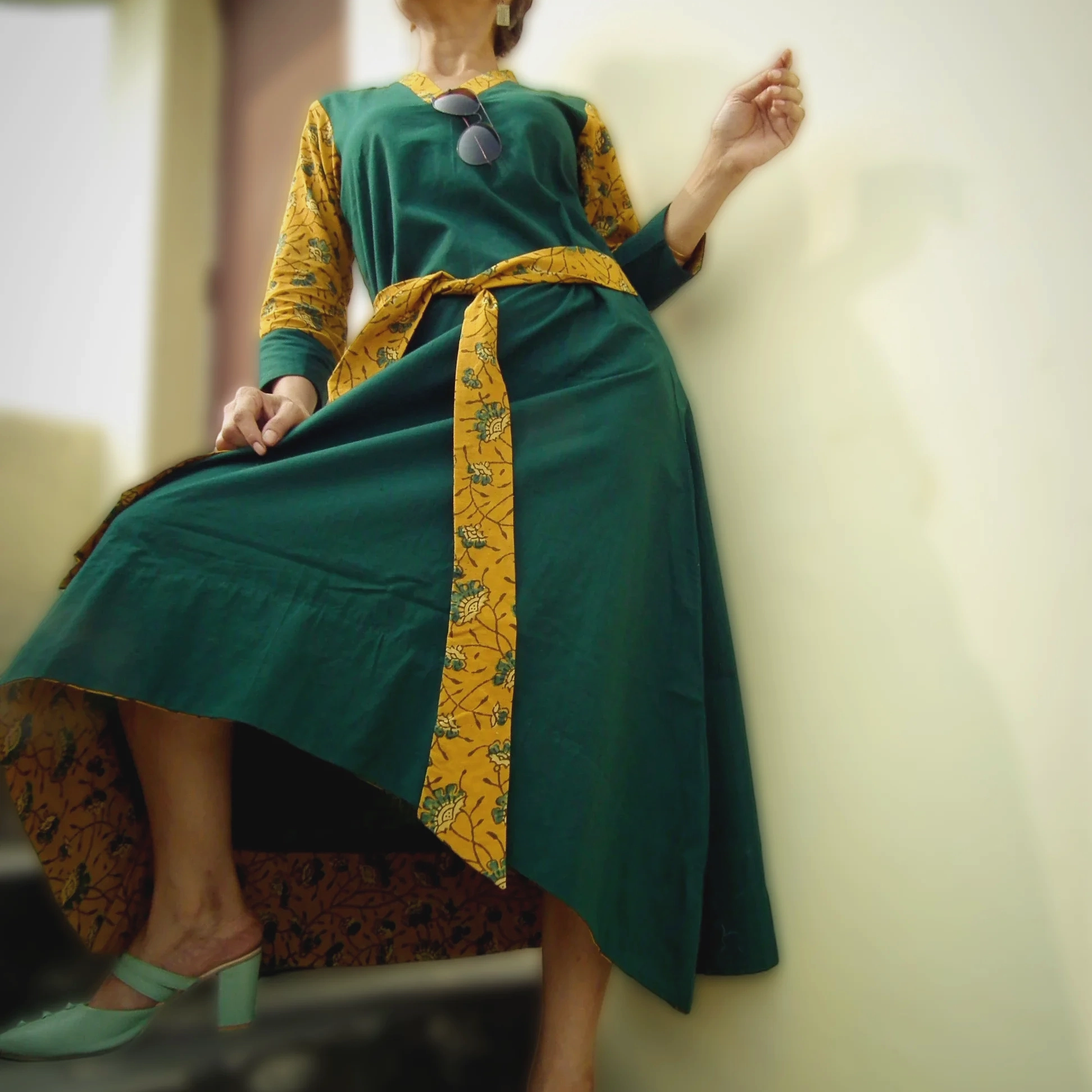 NAIFARU - Dual tone Maxi Dress with Belt,Ajrakh block Printed Sleeves ,Neck Line and Belt.
