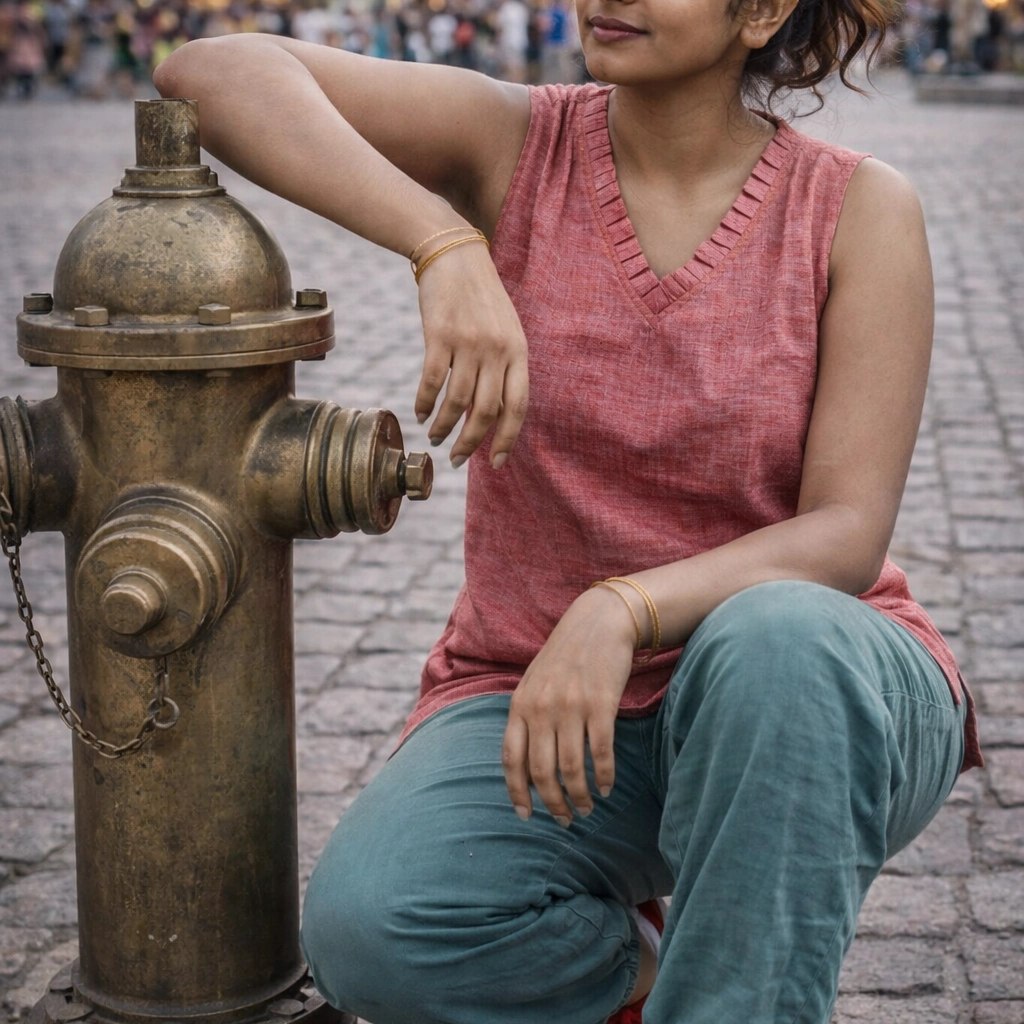 CANDY FLOSS - Peplum Hem Fitted pleated V Neck Sleeveless Top in Haze Red.