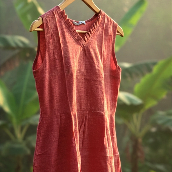 SUNNY BLISS - Peplum Hem Fitted pleated V Neck Sleeveless Top in Haze Red.