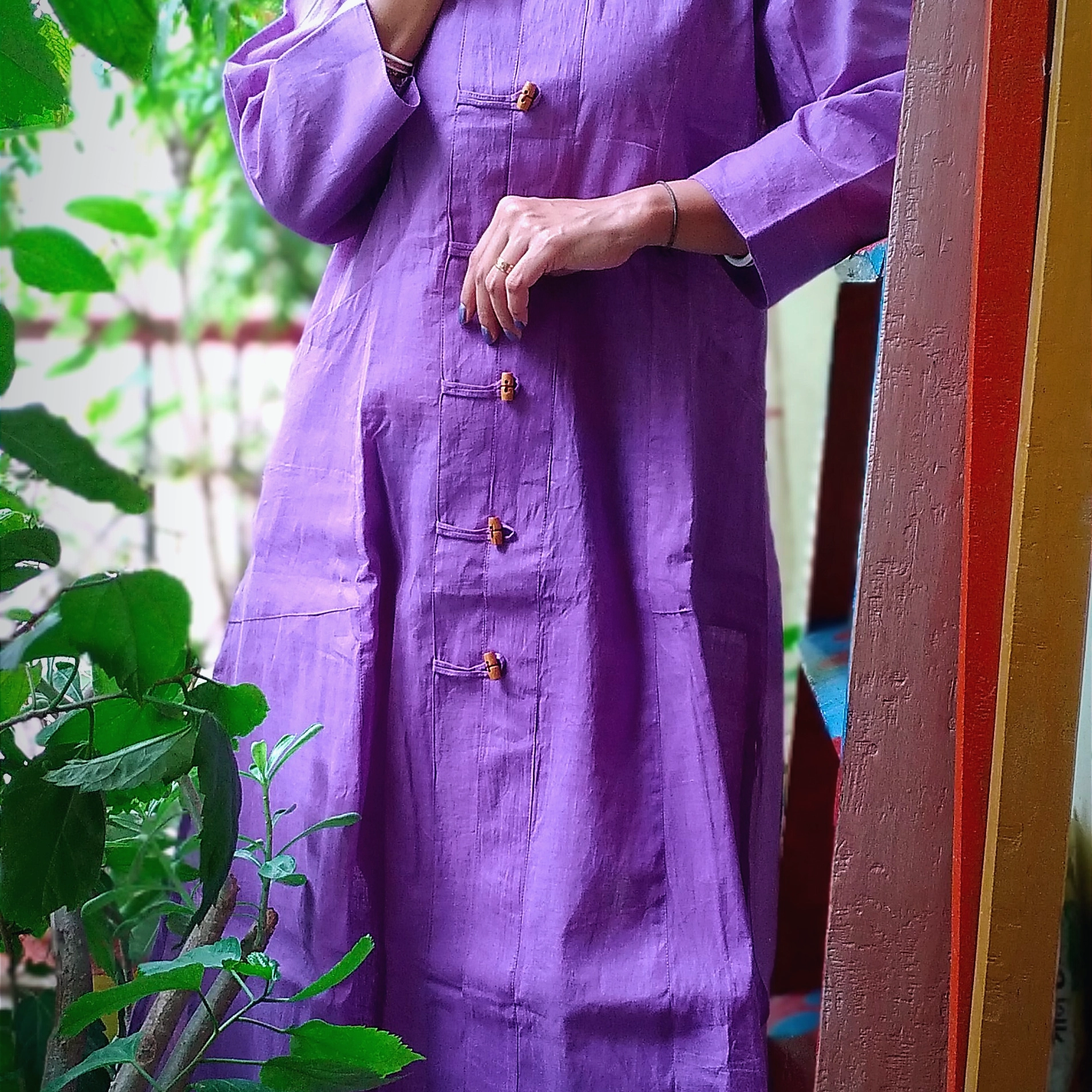 MANDARIN VIBES  ~ mandarin Collar Front Button Down Three Quarter Sleeves flared bottom ankle Length Maxi Dress with pockets.