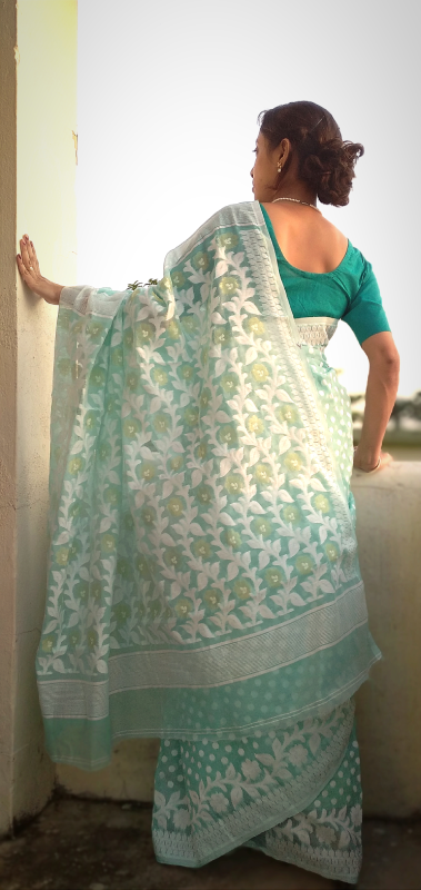 SUBHRA- Premium HandWovenQuality Muslin Cotton Jamdani Saree in Ice Blue tone with off White Thread & Zari Work.