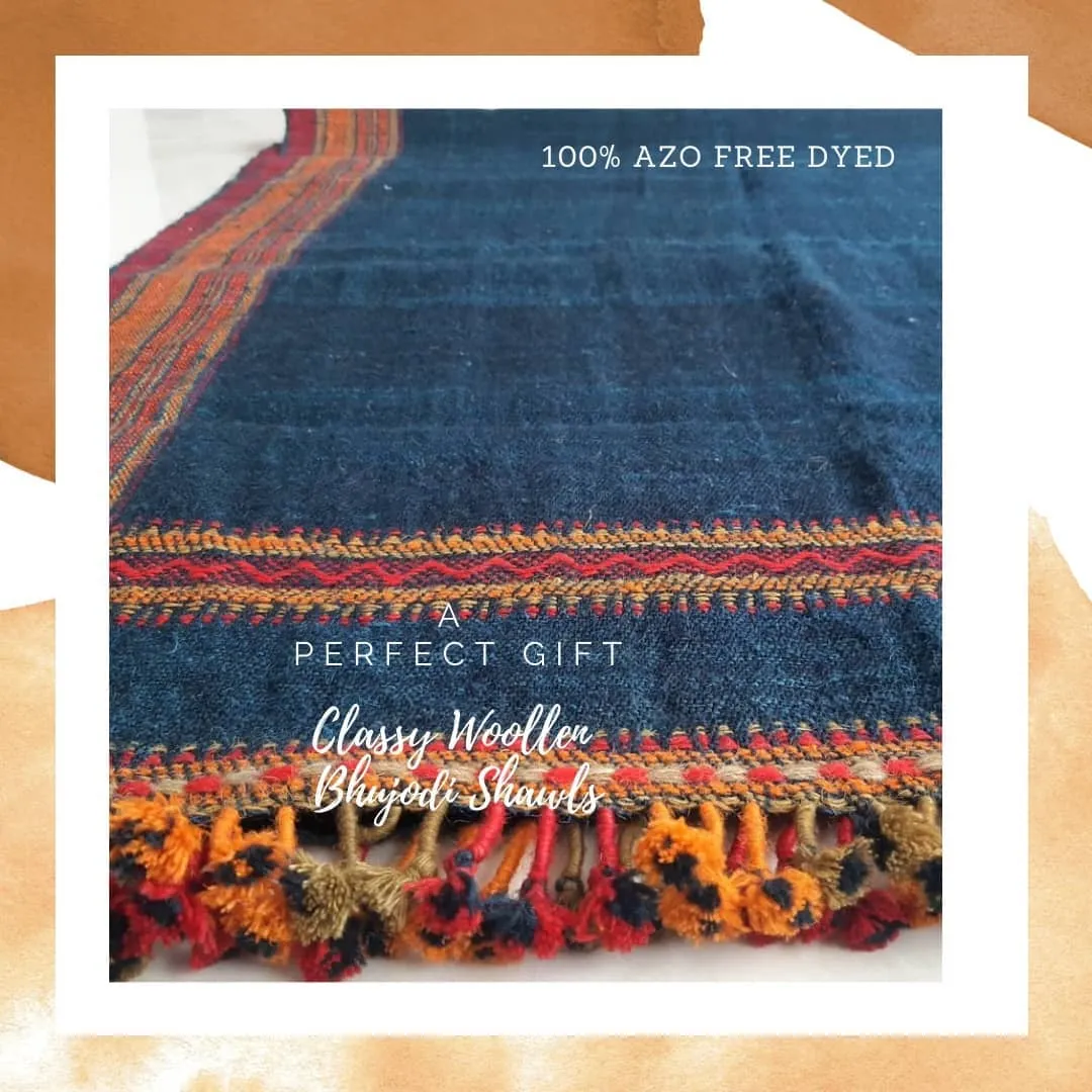 Distant Echoes - Warmth of Desert.l Bhujodi Handwoven Desi Sheep Wool Shawl - Royal Blue
