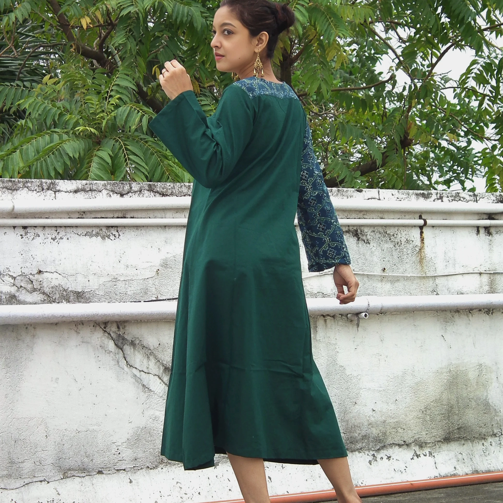 ABASHA - Free Flow Sleeve and Neck Line Ajrakh block Printed highlighted Maxi Dress.