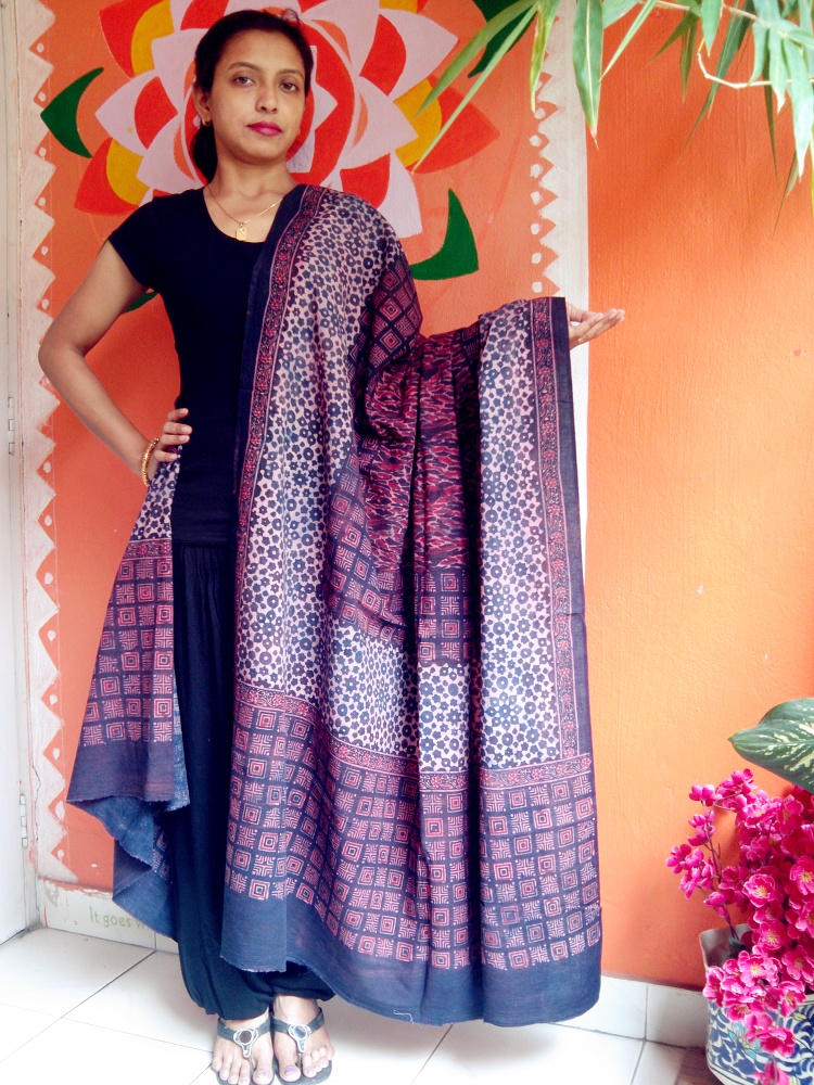 Manzil - Indigo Blue & Purple Ajrakh-Printed Premium HandWoven Muslin Cotton Dupatta --You Fashion Statement