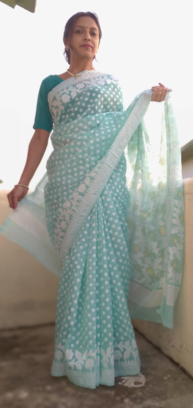 SUBHRA- Premium HandWovenQuality Muslin Cotton Jamdani Saree in Ice Blue tone with off White Thread & Zari Work.
