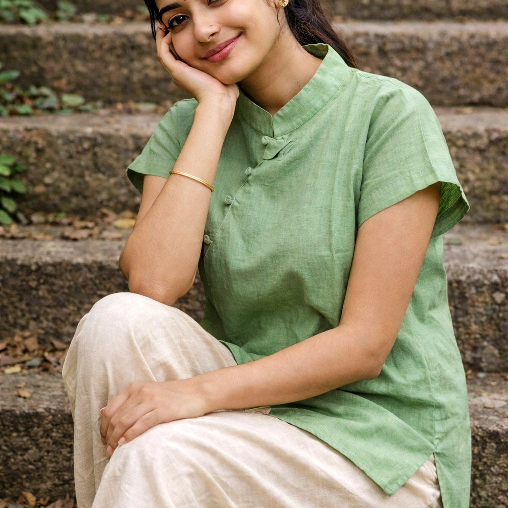 MINT FRESH - Peplum Hem Fitted pleated Mandarin Collar Sleeveless Top in Haze Red.