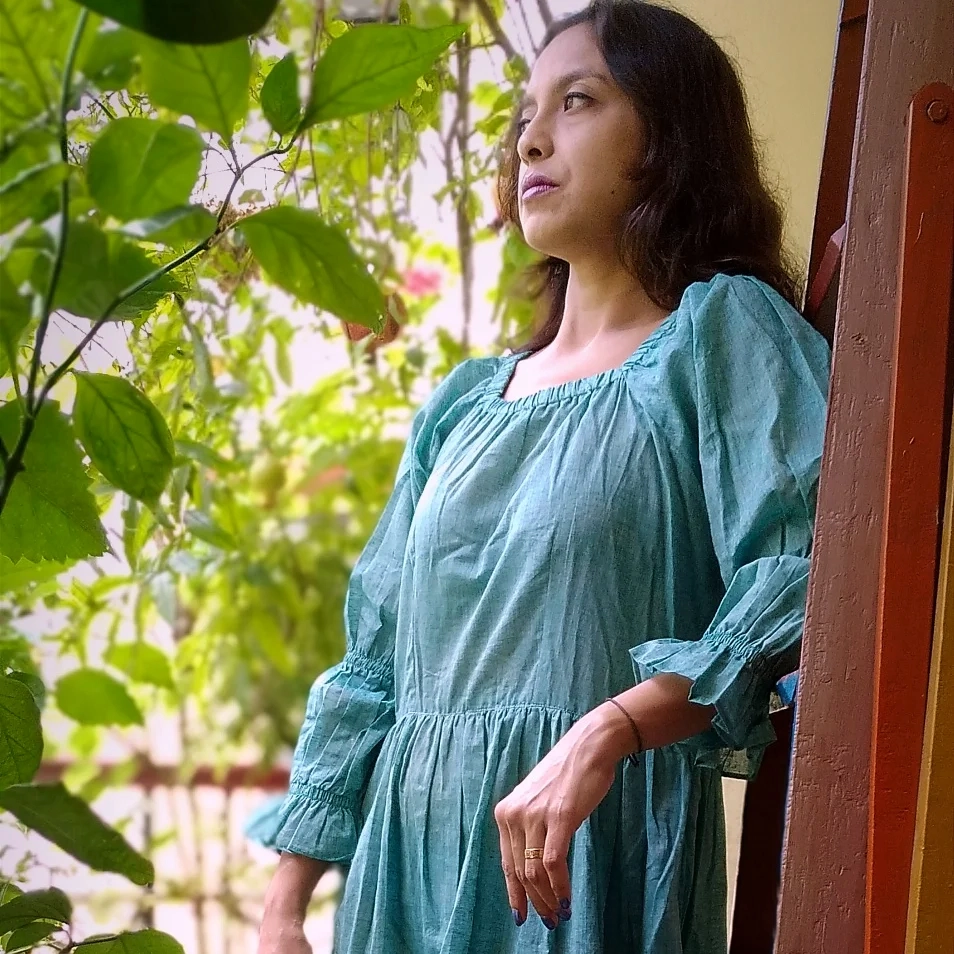 SPARKLE  ~ Ruffle Square Neckline ruched Cufffull Sleeves flared bottom Calf Length Tiered Maxi Dress.