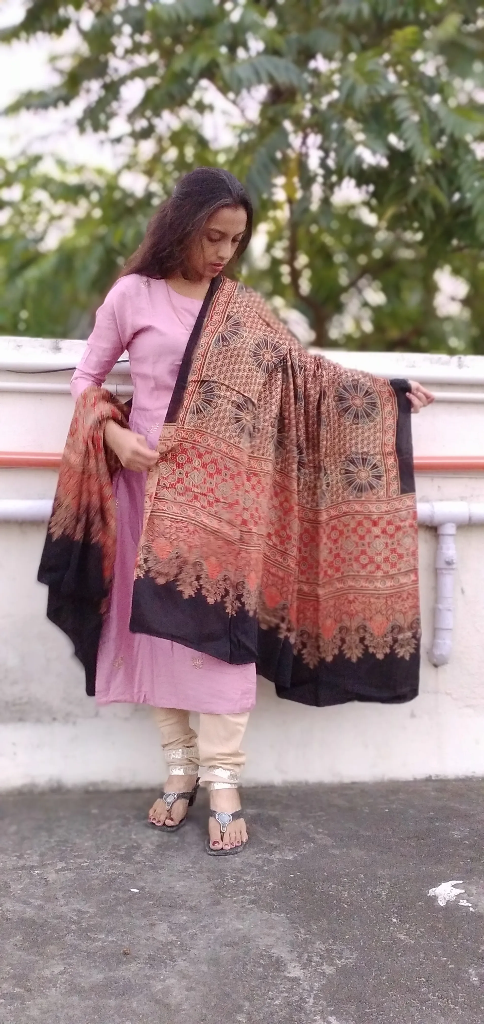 Shaukeen - Rust Red & Black Ajrakh-printed Premium Modal Silk Dupatta --Sustainably Fashionable.