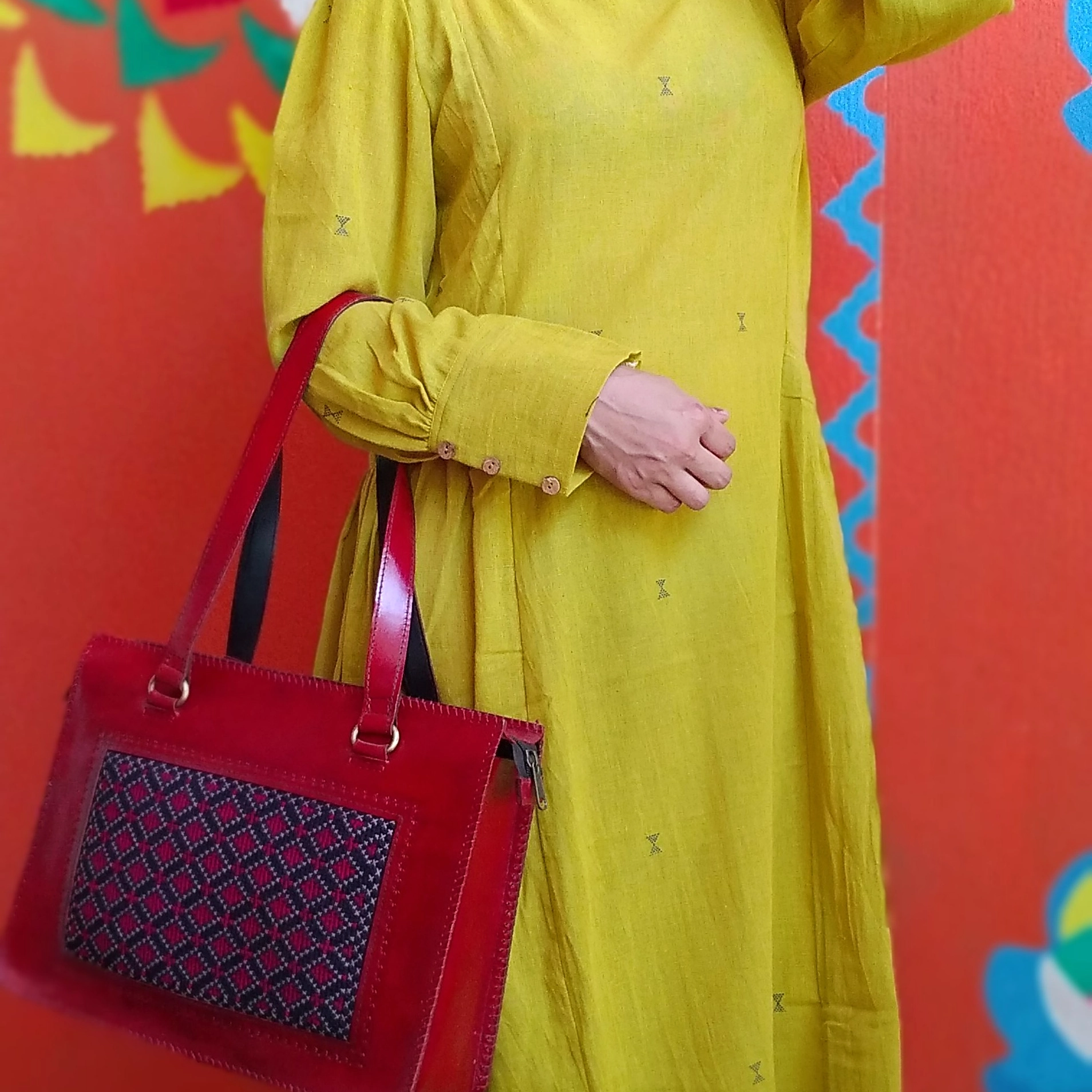 MONOLOGUE - Chrome Yellow -Pleated Round-Neck ,long Sleeved,Fit & Flare Dress