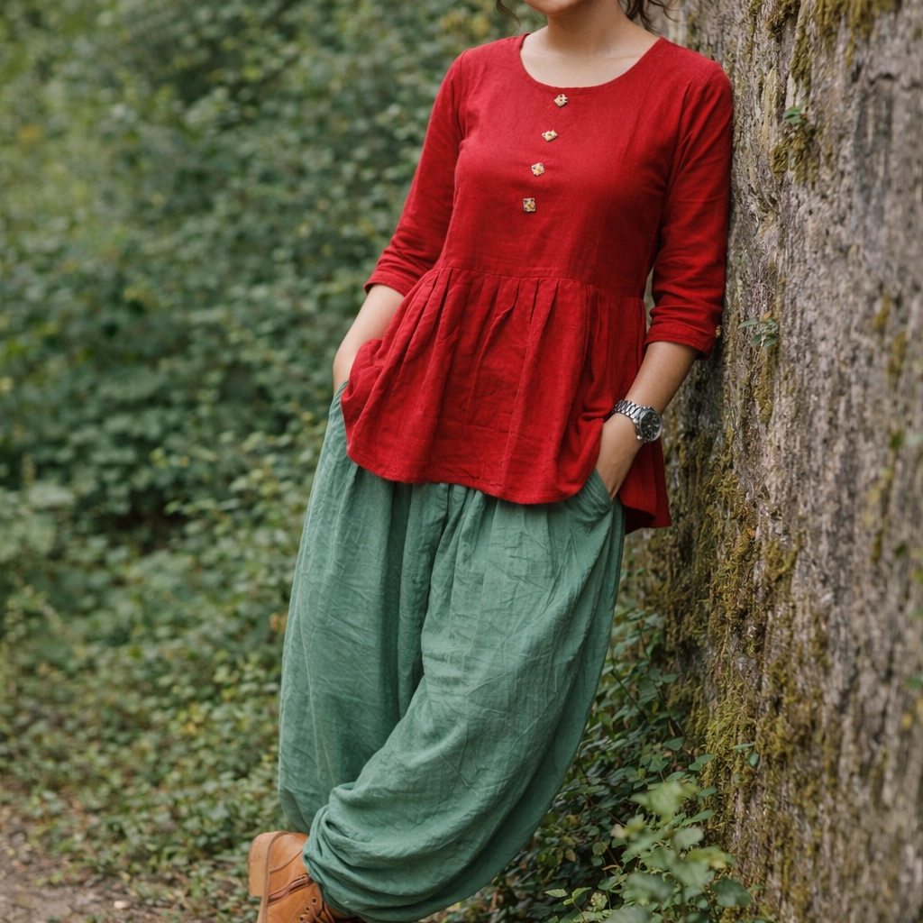 SUNNY BLISS - Peplum Hem Fitted pleated V Neck Sleeveless Top in Haze Red.