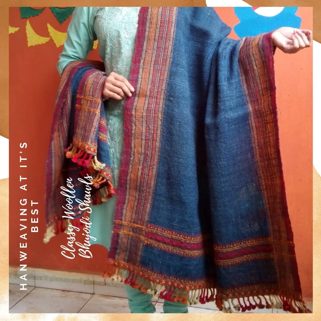 Distant Echoes - Warmth of Desert.l Bhujodi Handwoven Desi Sheep Wool Shawl - Royal Blue
