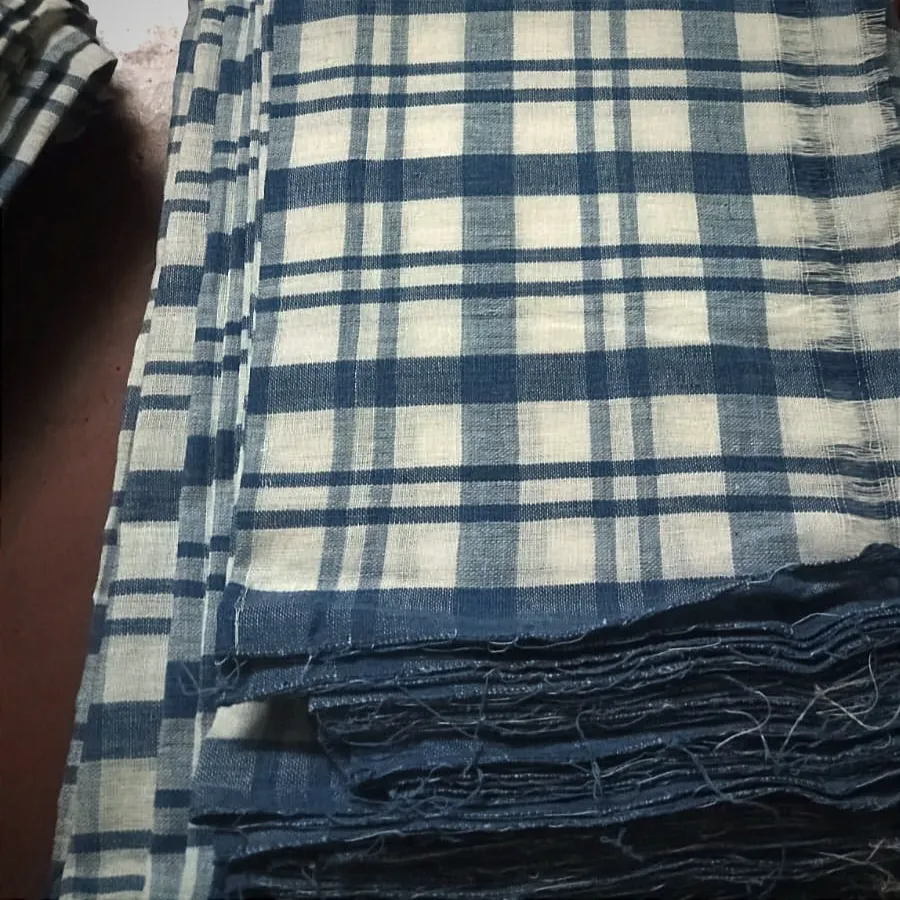 Thin & Broad Square Checks Natural Indigo Dyed Hand-Woven Cotton  Fabric - [2.5Mtrs]