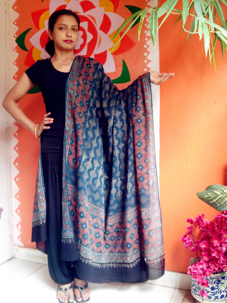 Shreeja - Indigo Blue & Red Ajrakh-Printed Premium Modal Silk Dupatta -- Fashion Statement.