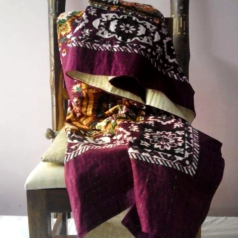 TALES OF PERSIA - Reversible  Persian Design Hand Stitch Velvet Kantha Quilt -[4 layers]