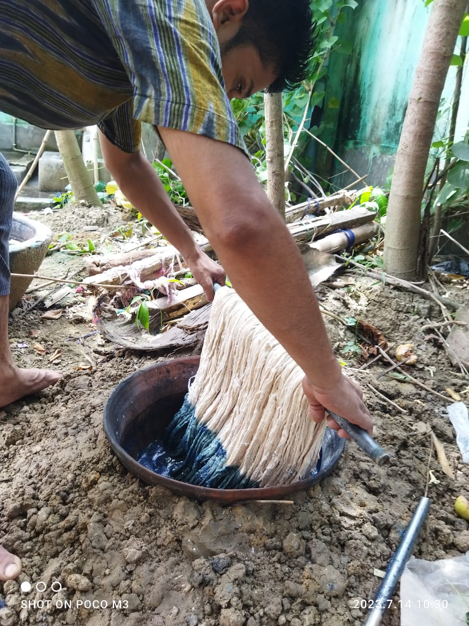 Organic Indigo Dyed 24/20 DT Cotton Hand-Woven Thick & Thin Striped Fabric..