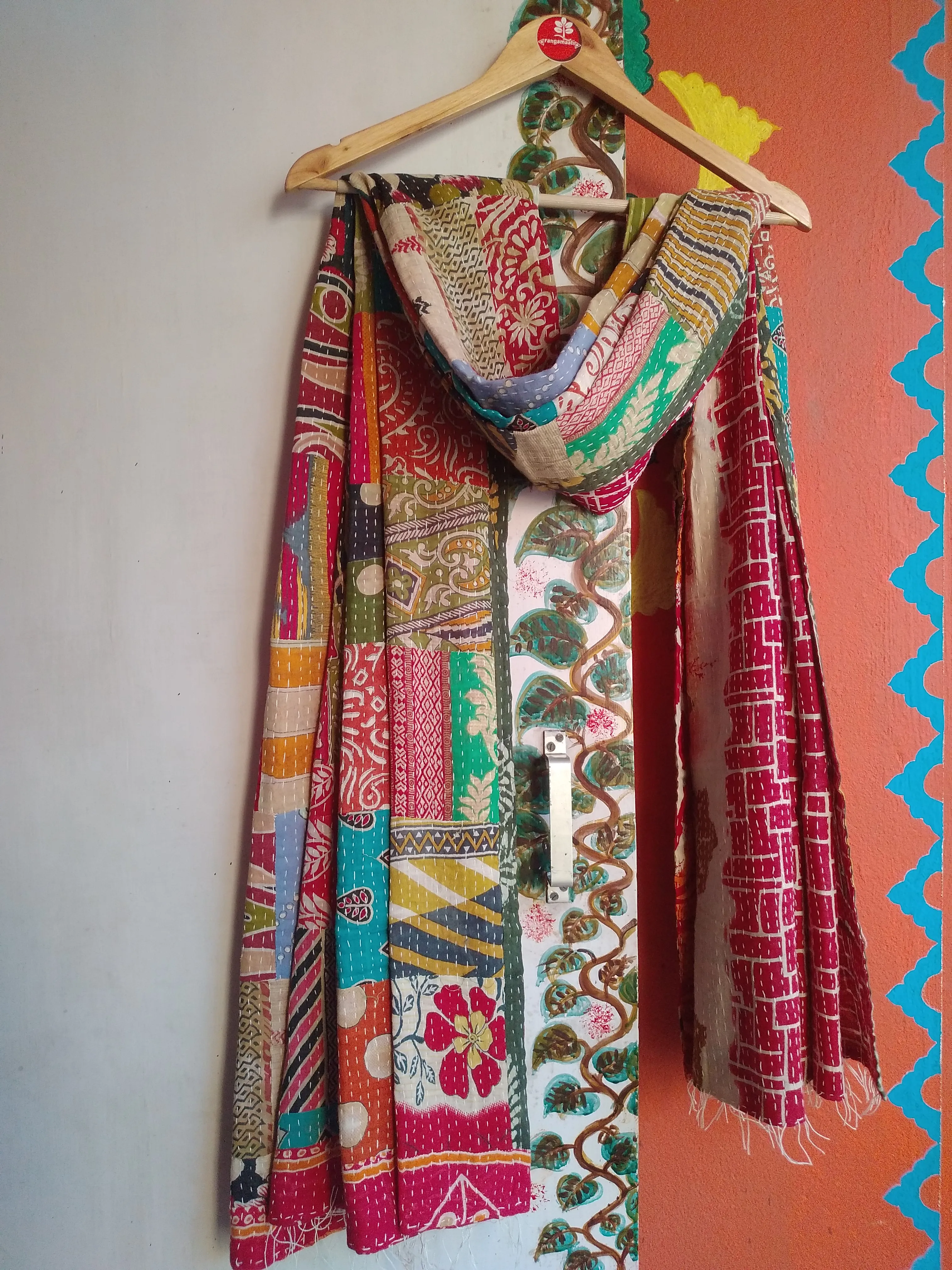 Mélange - Reversible Patchwork Pattern Kantha Stitch Hand Embroidered Cotton Duppatta.