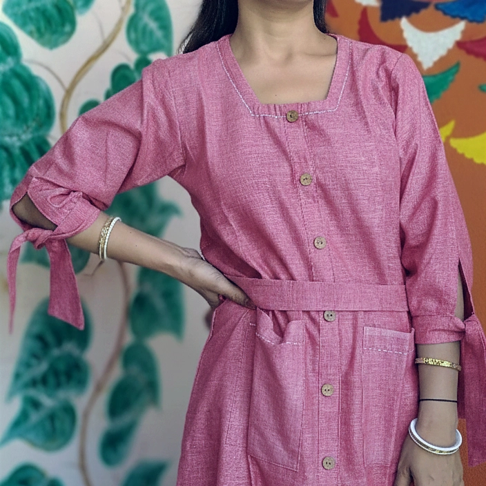 CRYSTAL lll- Tie Knot 3 Quarter Sleeves Flared Belted Summer Cotton Designer wear.